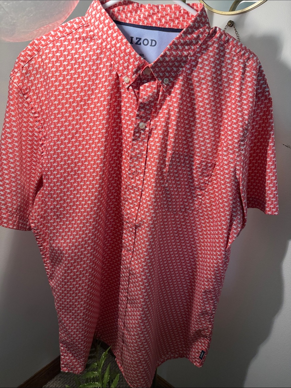 Izod Coral and White Short-Sleeve Button-Down Shirt